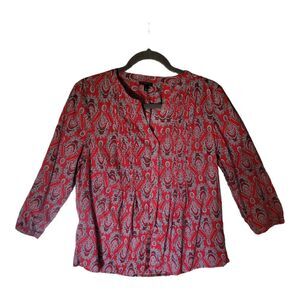 Talbots Red Bandana Paisley Print Pintuck Button Up 3/4 Sleeve Blouse Top Medium